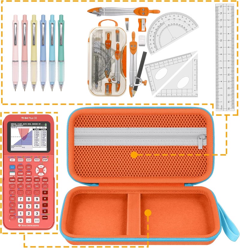 Baval Calculator Case Compatible with Texas Instruments TI-84 Plus CE/TI-84 Plus/TI-Nspire CX II CAS/TI-Nspire CX II/TI-83 Plus/TI-89 Titanium Color Graphing Calculator (Orange Case,Blue Zipper) - Image 4